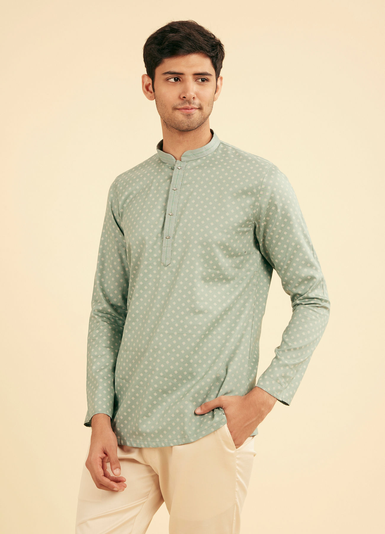 Manyavar Men Aqua Green Buta Print Short Kurta