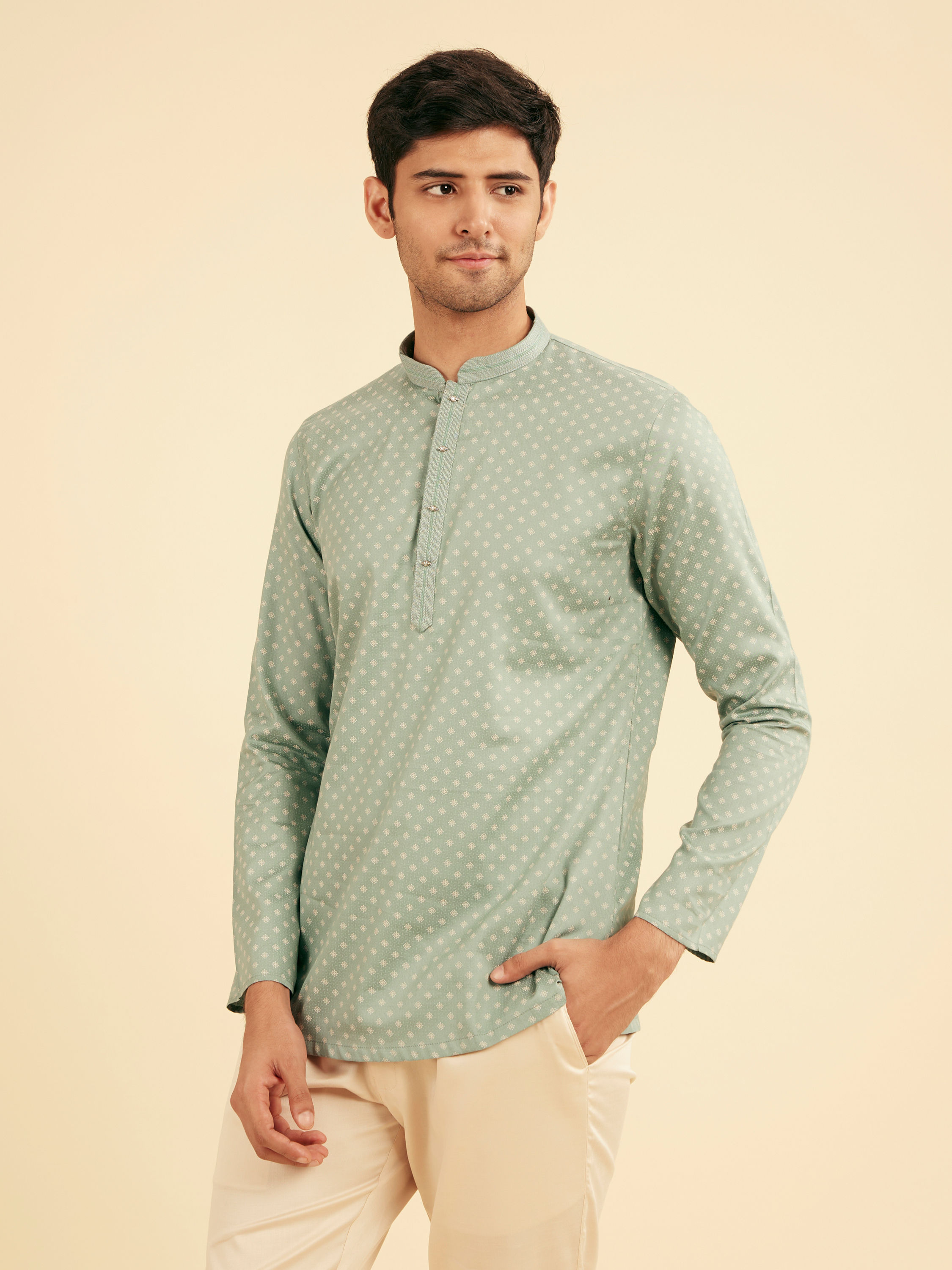 Manyavar Men Aqua Green Buta Print Short Kurta