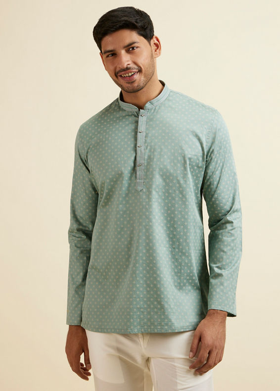 Manyavar Men Aqua Green Buta Print Short Kurta