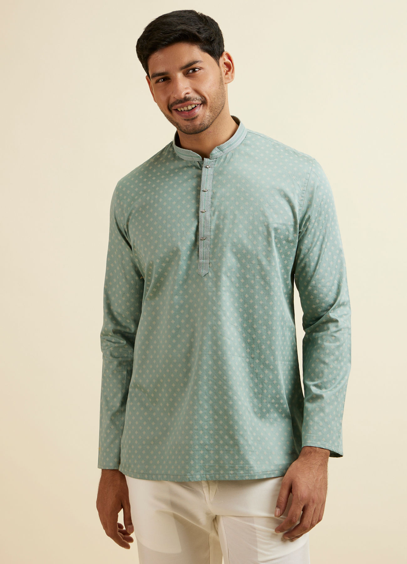 Manyavar Men Aqua Green Buta Print Short Kurta