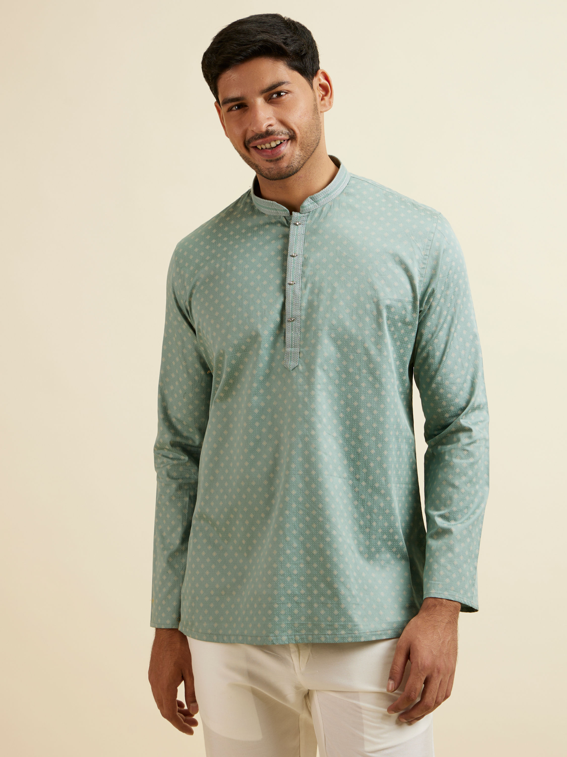 Manyavar Men Aqua Green Buta Print Short Kurta