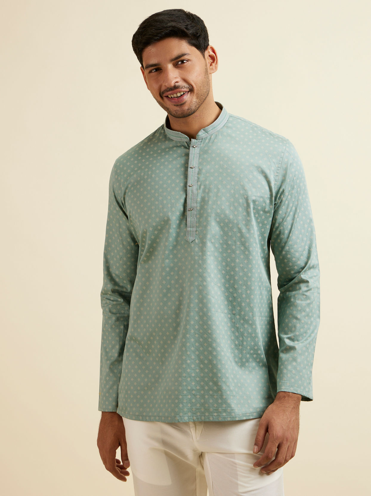 alt message - Manyavar Men Aqua Green Buta Print Short Kurta image number 0