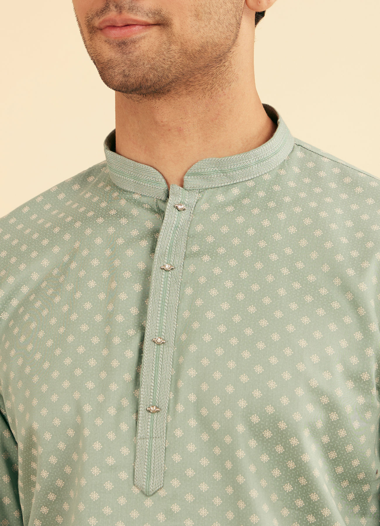 Manyavar Men Aqua Green Buta Print Short Kurta