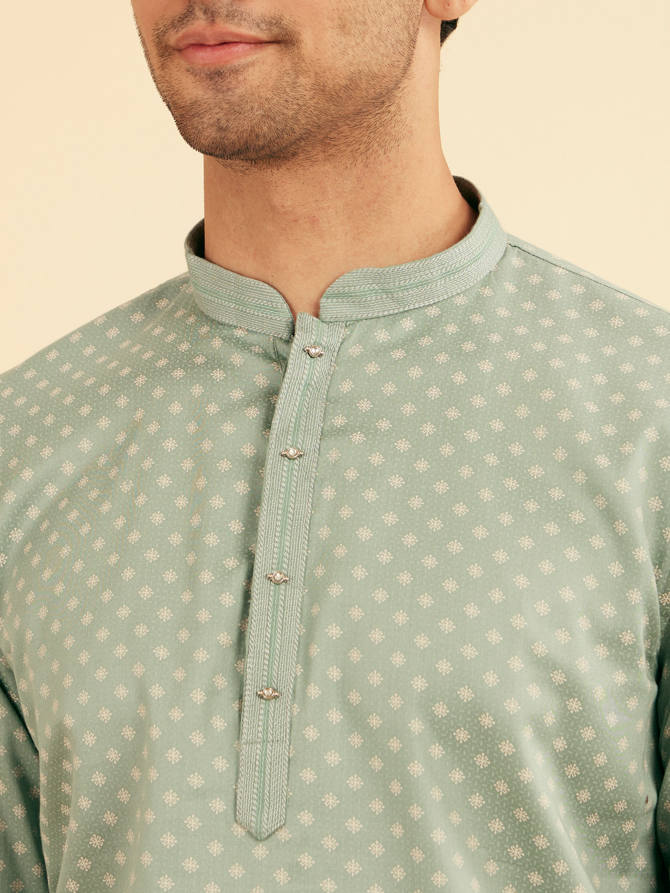 Manyavar Men Aqua Green Buta Print Short Kurta