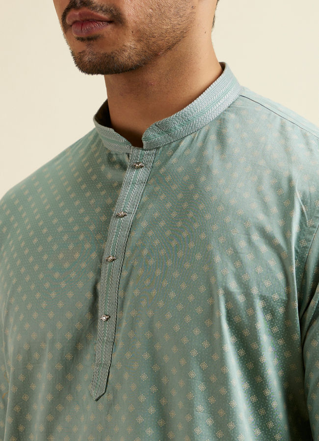 alt message - Manyavar Men Aqua Green Buta Print Short Kurta image number 1