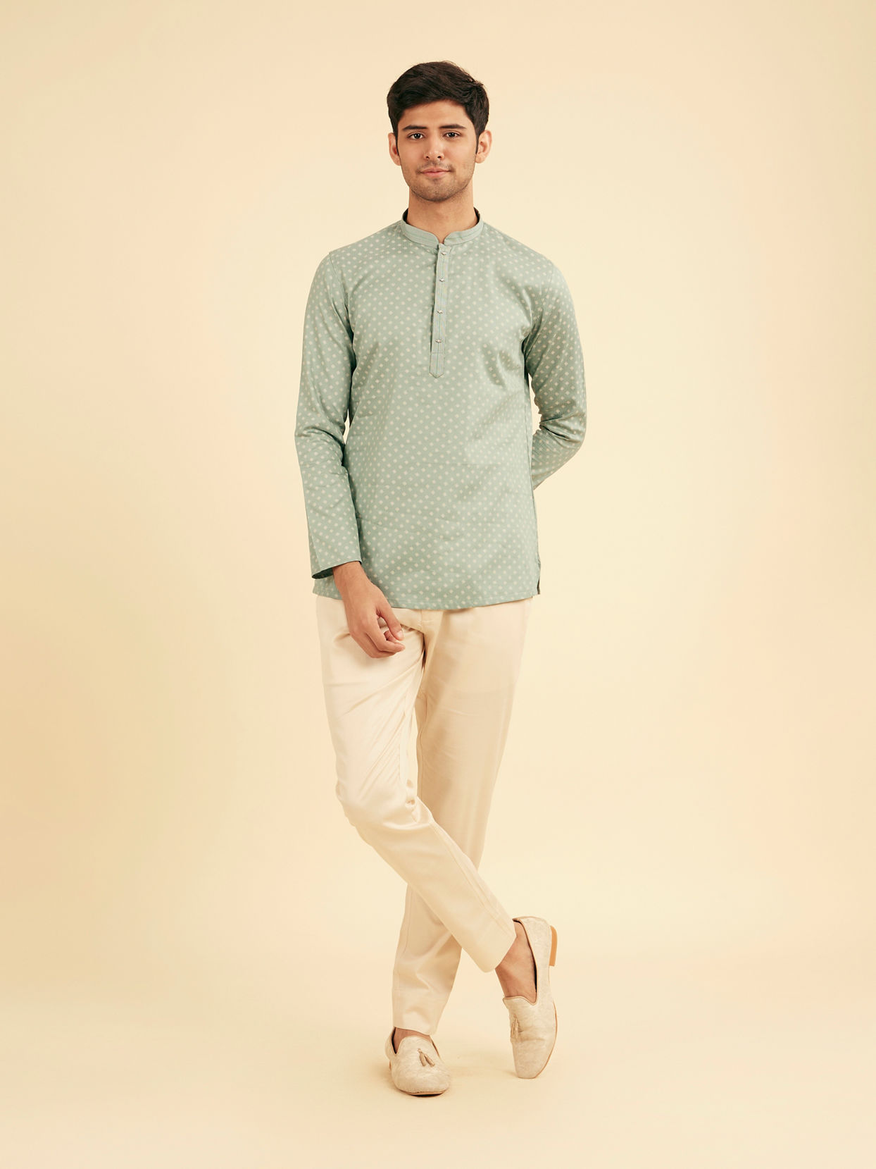 Manyavar Men Aqua Green Buta Print Short Kurta