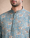 Manyavar Men Teal Blue Blended Cotton Short Kurta with Print