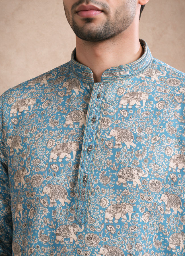 Manyavar Men Teal Blue Blended Cotton Short Kurta with Print