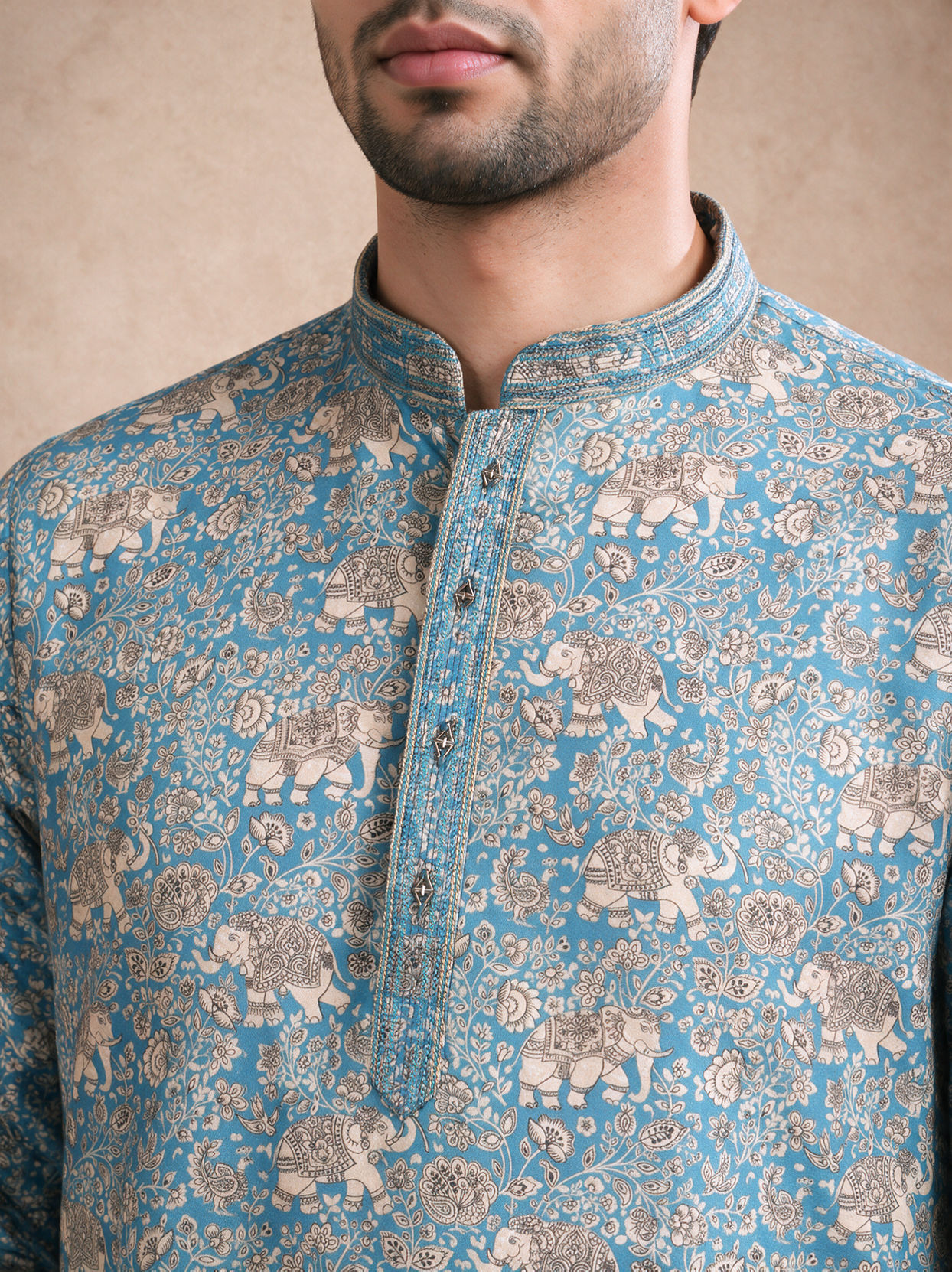 Manyavar Men Teal Blue Blended Cotton Short Kurta with Print