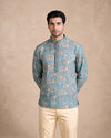 Manyavar Men Teal Blue Blended Cotton Short Kurta with Print
