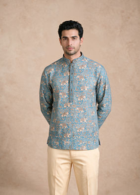 Manyavar Men Teal Blue Blended Cotton Short Kurta with Print