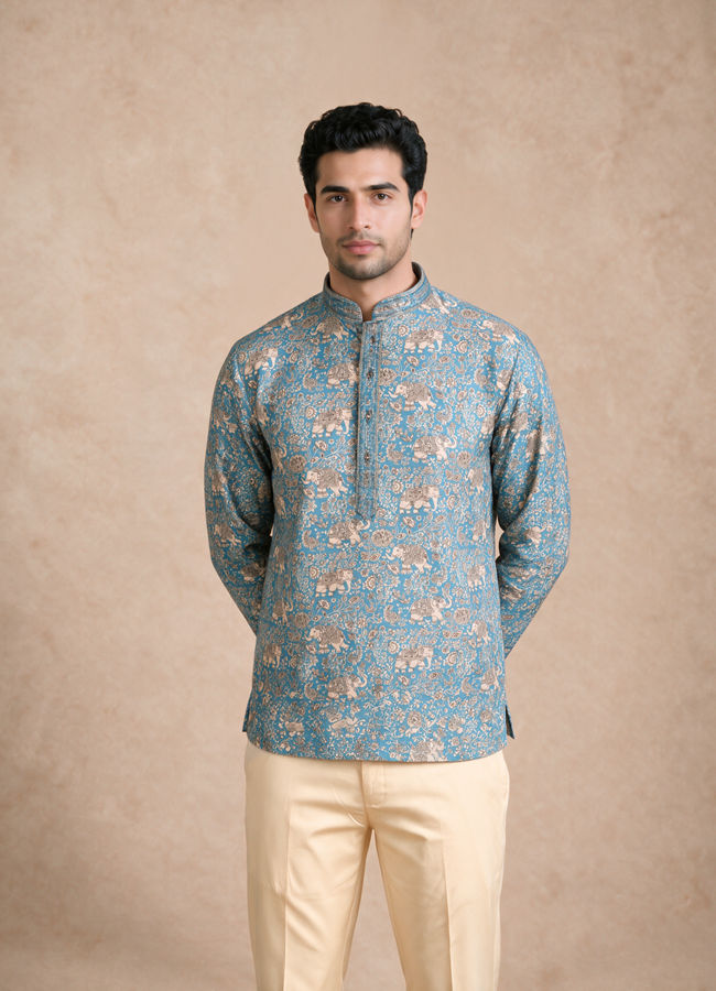 Manyavar Men Teal Blue Blended Cotton Short Kurta with Print
