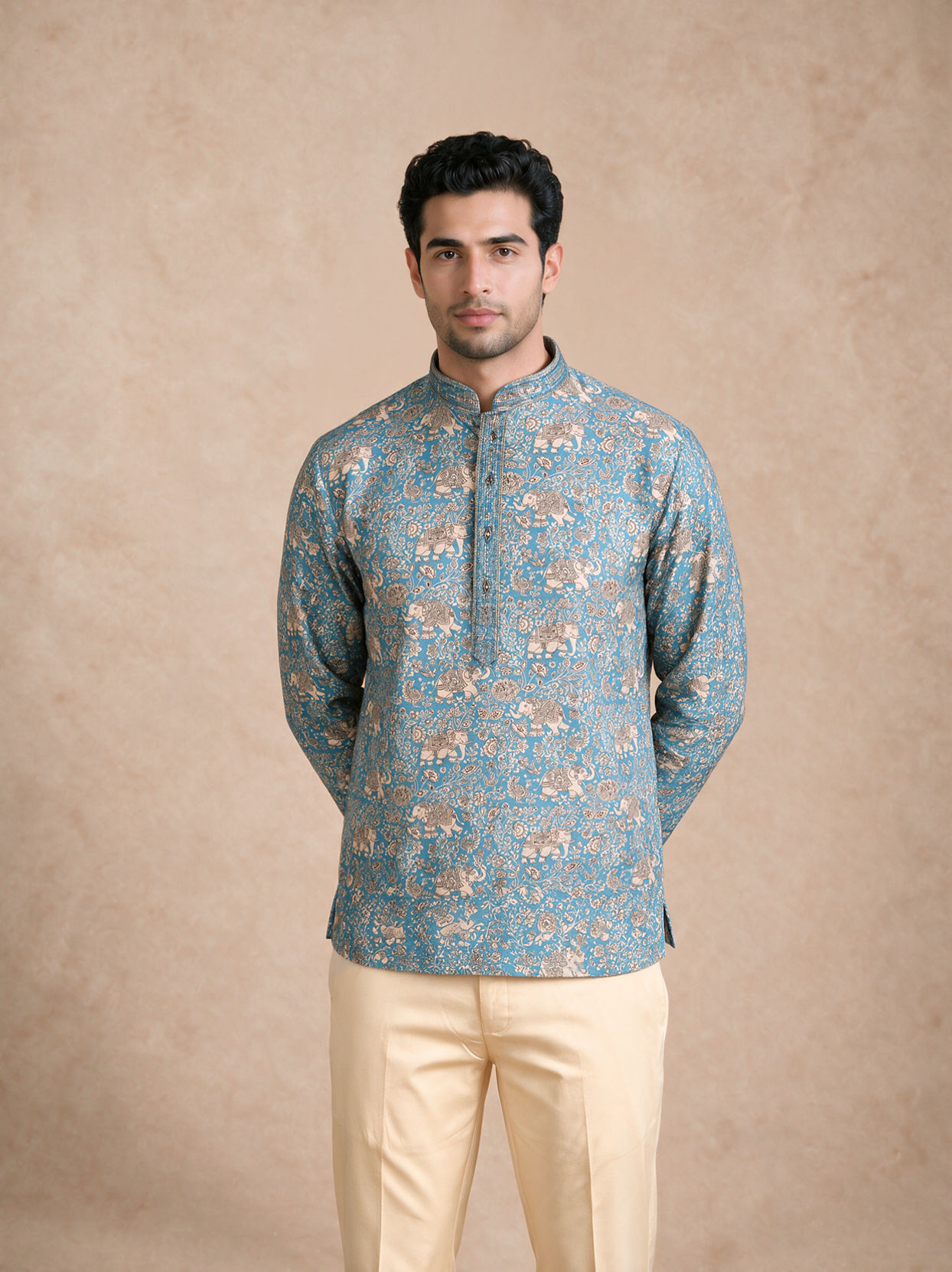 Manyavar Men Teal Blue Blended Cotton Short Kurta with Print