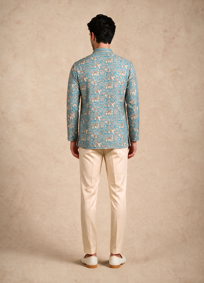 Manyavar Men Teal Blue Blended Cotton Short Kurta with Print