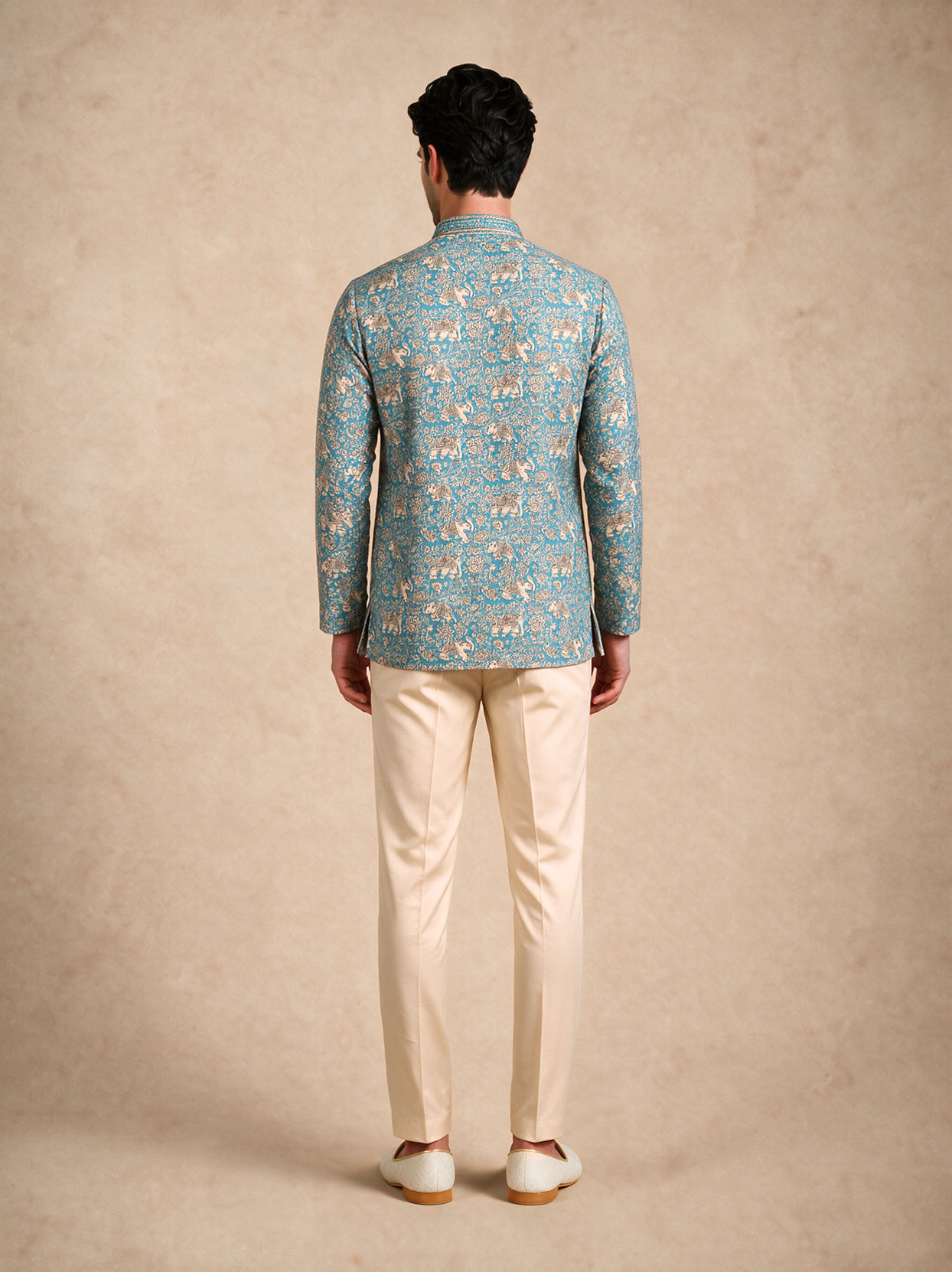 Manyavar Men Teal Blue Blended Cotton Short Kurta with Print