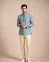 Manyavar Men Teal Blue Blended Cotton Short Kurta with Print