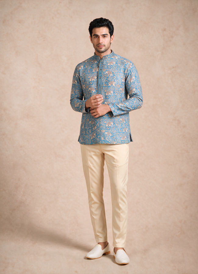 Manyavar Men Teal Blue Blended Cotton Short Kurta with Print