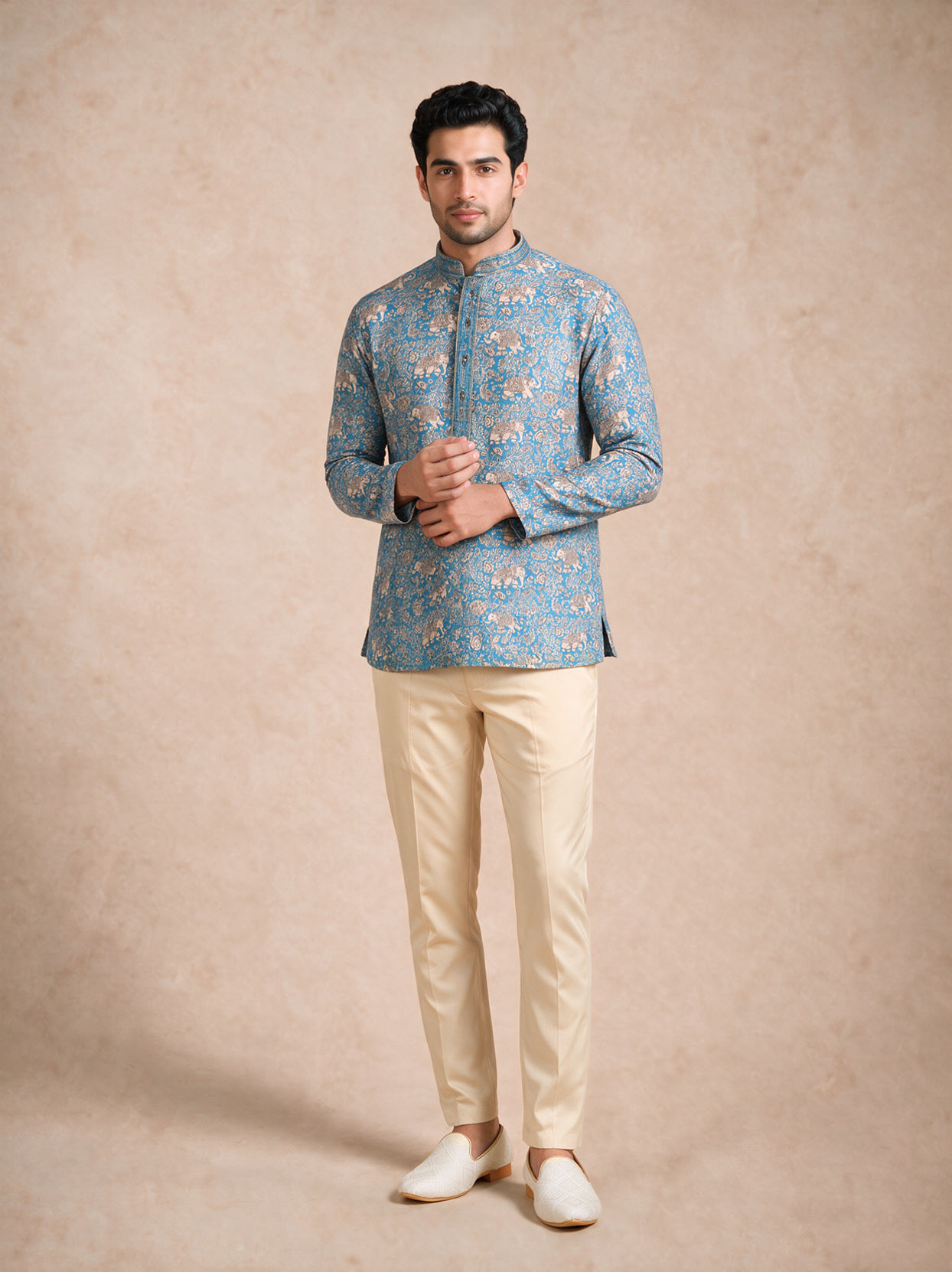Manyavar Men Teal Blue Blended Cotton Short Kurta with Print
