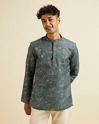 Manyavar Men Teal Green Bagh Print Short Kurta