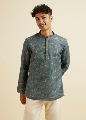 Manyavar Men Teal Green Bagh Print Short Kurta