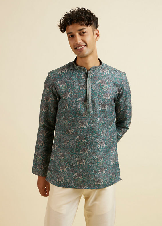 Manyavar Men Teal Green Bagh Print Short Kurta