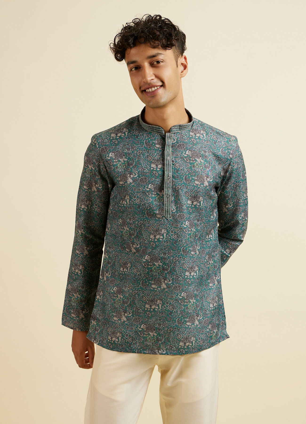 Manyavar Men Teal Green Bagh Print Short Kurta