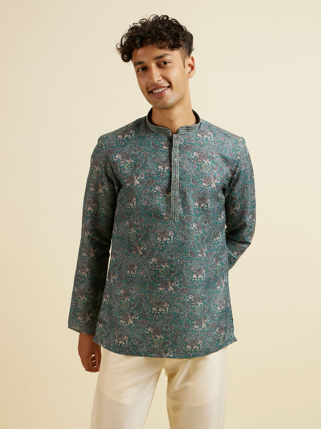 Manyavar Men Teal Green Bagh Print Short Kurta