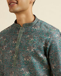 Manyavar Men Teal Green Bagh Print Short Kurta