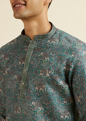 alt message - Manyavar Men Teal Green Bagh Print Short Kurta image number 1