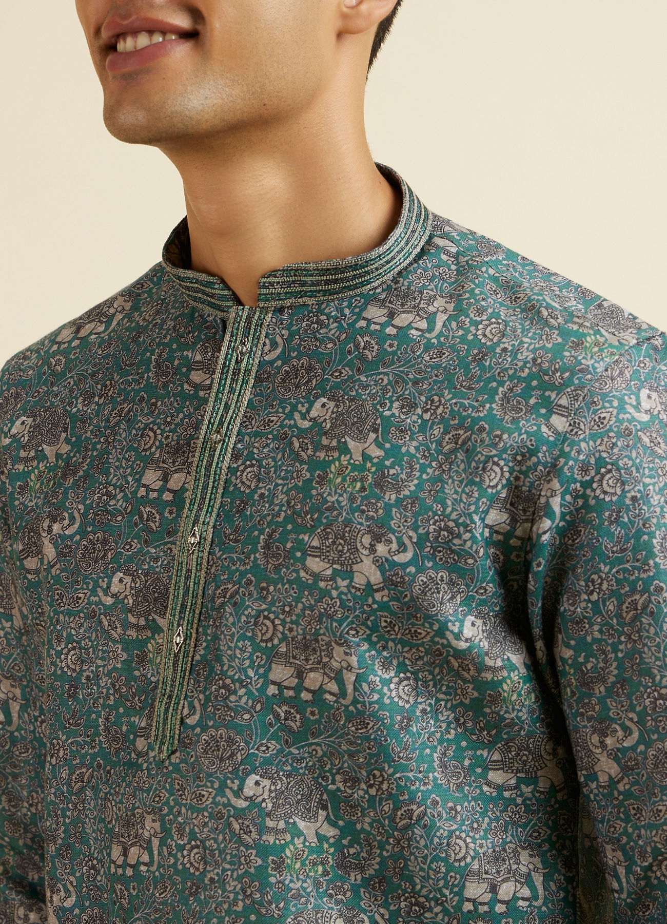Manyavar Men Teal Green Bagh Print Short Kurta