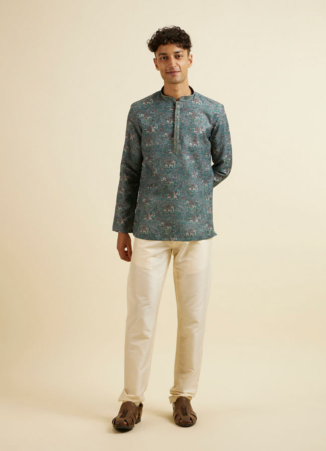 Manyavar Men Teal Green Bagh Print Short Kurta