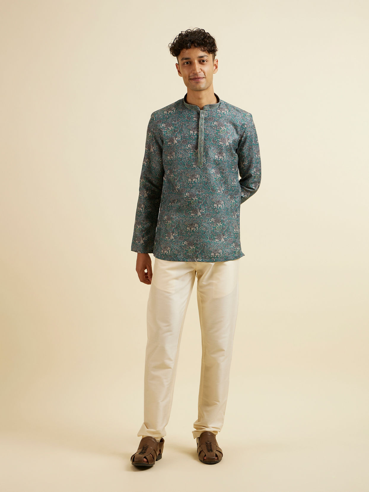 Manyavar Men Teal Green Bagh Print Short Kurta