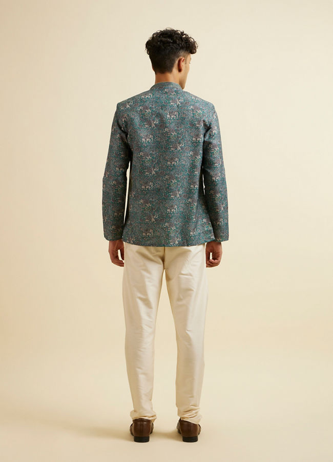 Manyavar Men Teal Green Bagh Print Short Kurta
