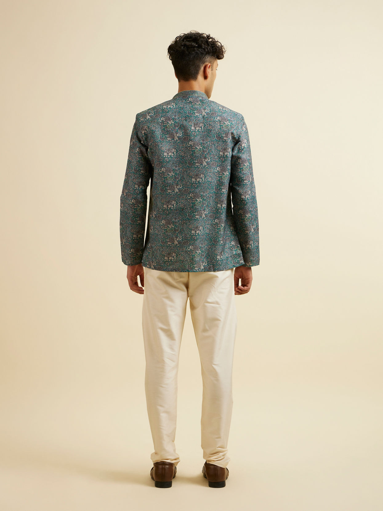 Manyavar Men Teal Green Bagh Print Short Kurta