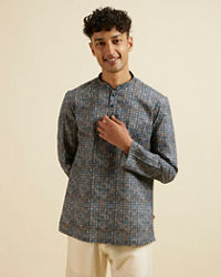 Manyavar Men Dark Blue Kaleidoscopic Print Short Kurta