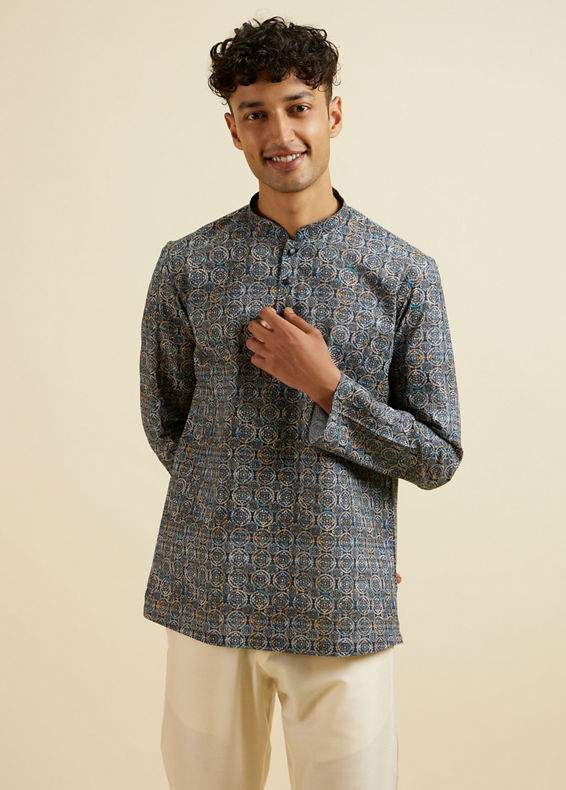 Manyavar Men Dark Blue Kaleidoscopic Print Short Kurta