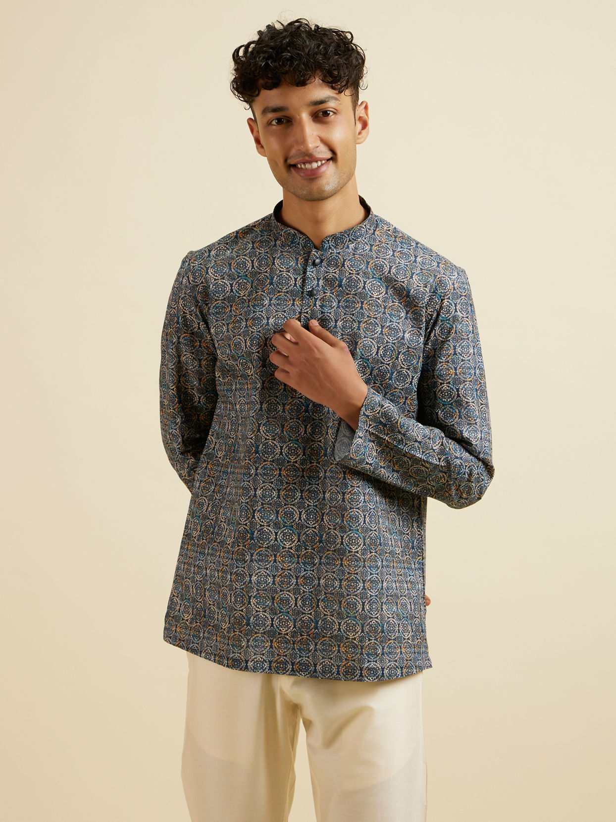 Manyavar Men Dark Blue Kaleidoscopic Print Short Kurta