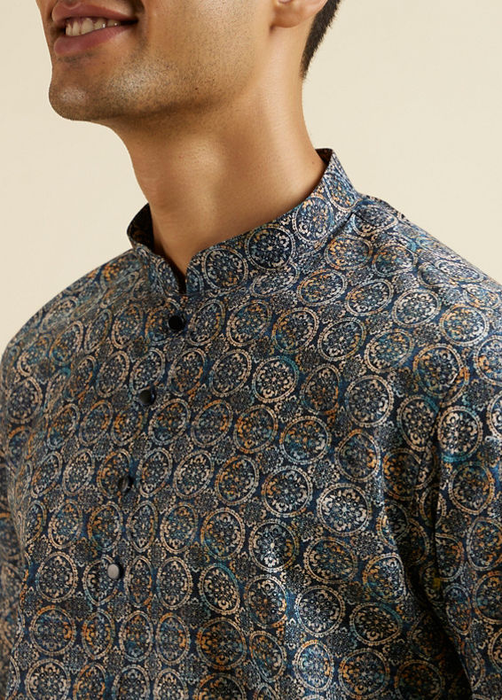 Manyavar Men Dark Blue Kaleidoscopic Print Short Kurta