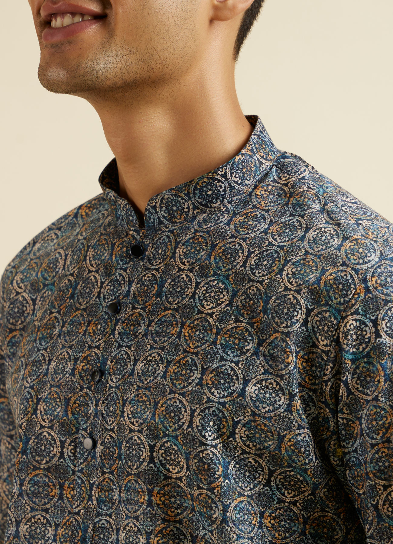 Manyavar Men Dark Blue Kaleidoscopic Print Short Kurta