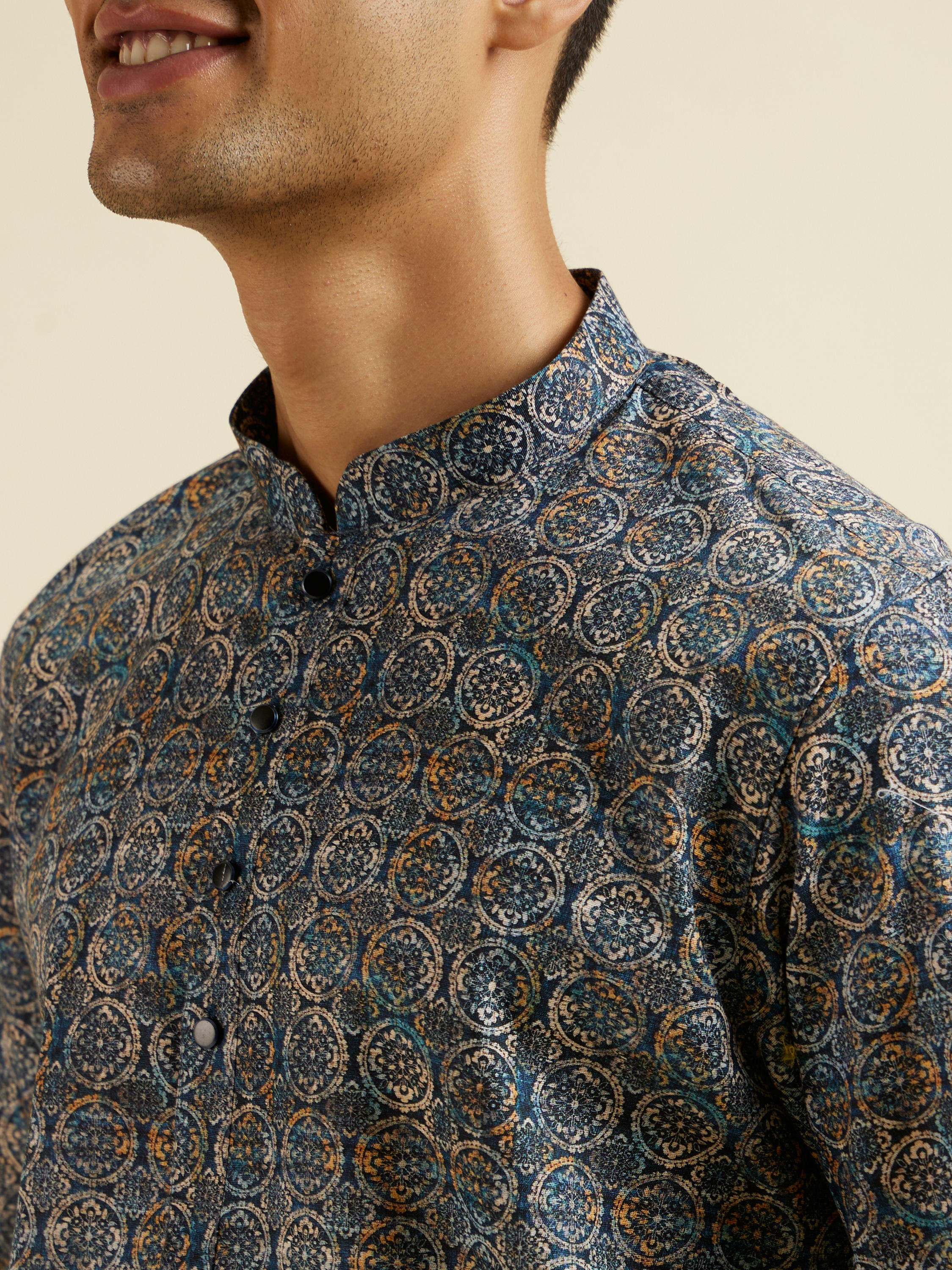 Manyavar Men Dark Blue Kaleidoscopic Print Short Kurta