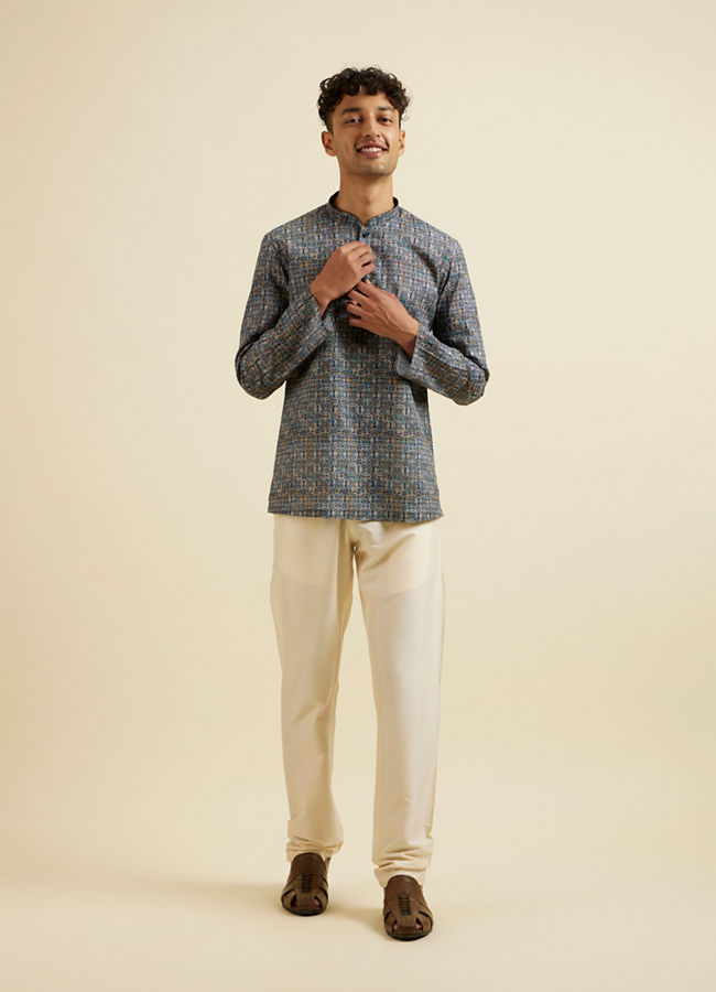 Manyavar Men Dark Blue Kaleidoscopic Print Short Kurta