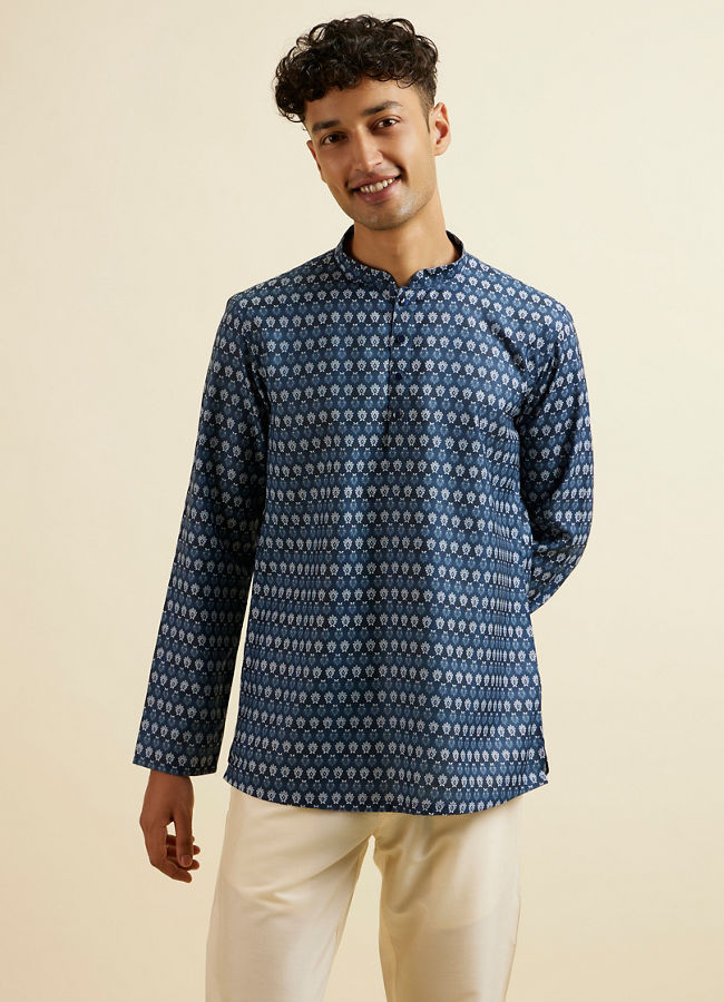 alt message - Manyavar Men Dark Blue Floral Buta Printed Short Kurta image number 0