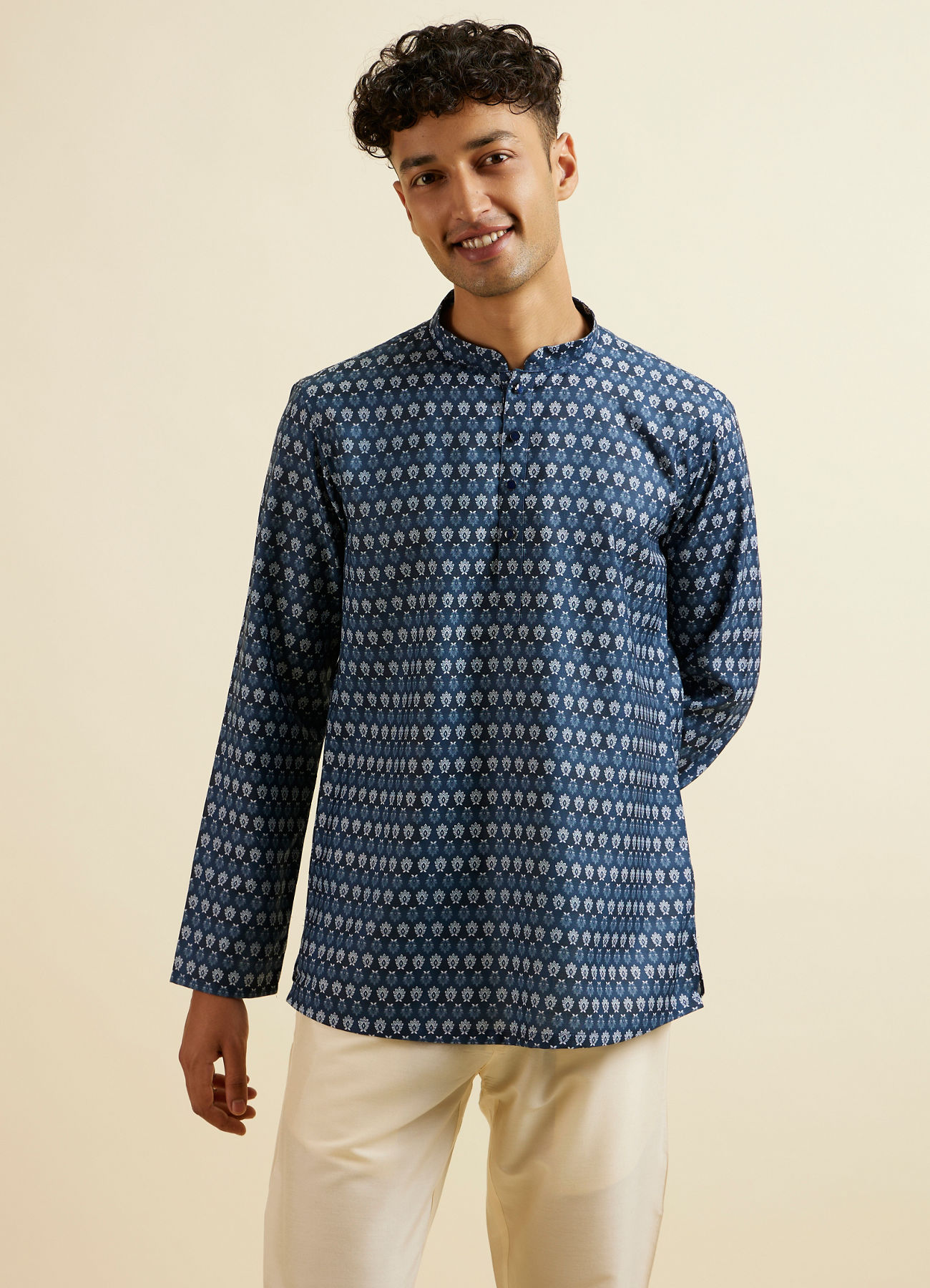 Manyavar Men Dark Blue Floral Buta Printed Short Kurta