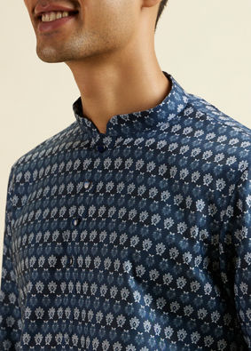 Manyavar Men Dark Blue Floral Buta Printed Short Kurta