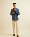 Manyavar Men Dark Blue Floral Buta Printed Short Kurta