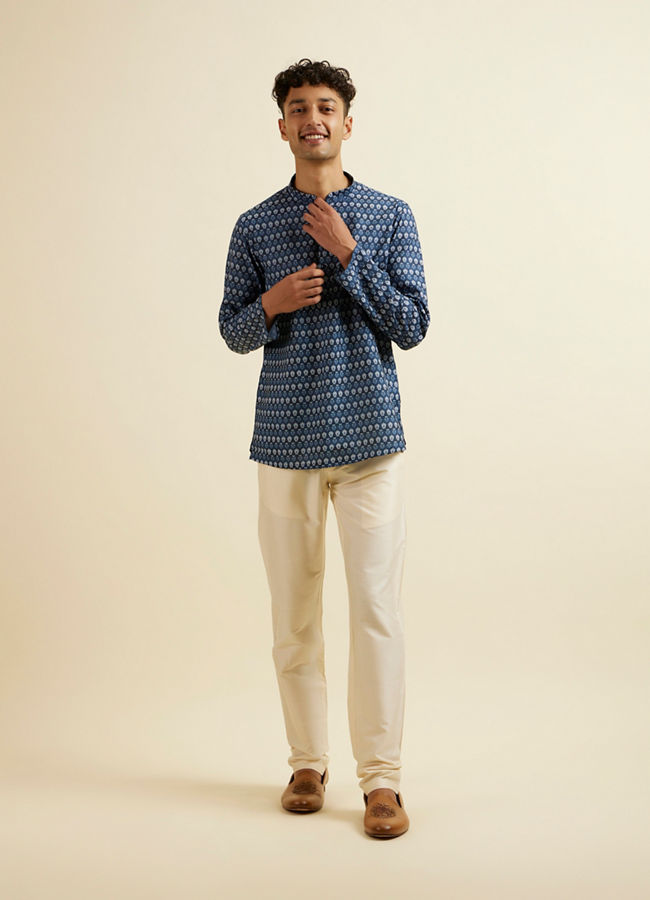 Manyavar Men Dark Blue Floral Buta Printed Short Kurta