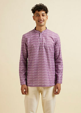 alt message - Manyavar Men Lilac Floral Buta Printed Short Kurta image number 0