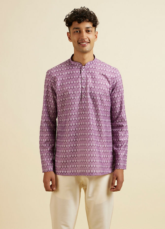 Manyavar Men Lilac Floral Buta Printed Short Kurta