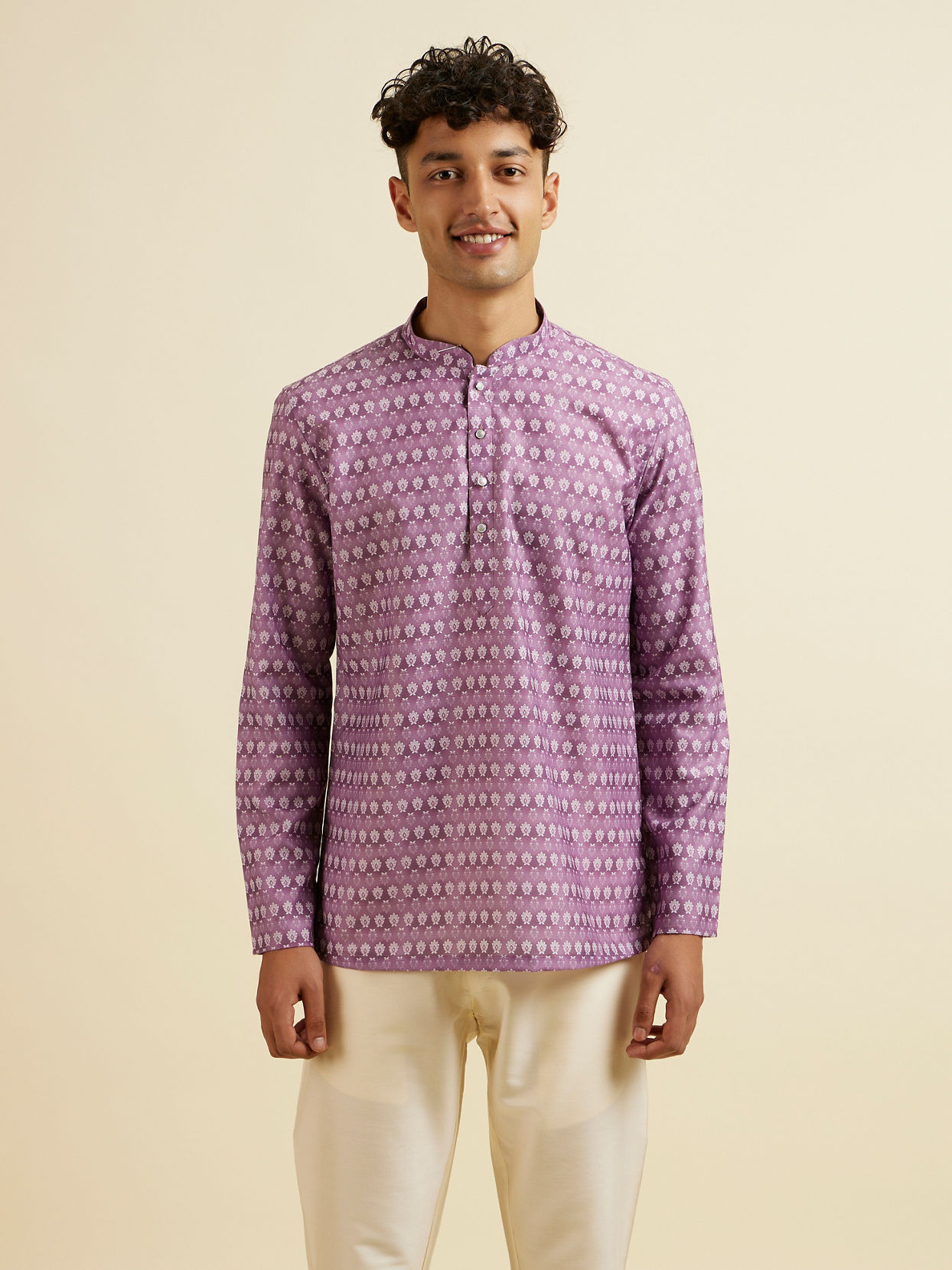 alt message - Manyavar Men Lilac Floral Buta Printed Short Kurta image number 0