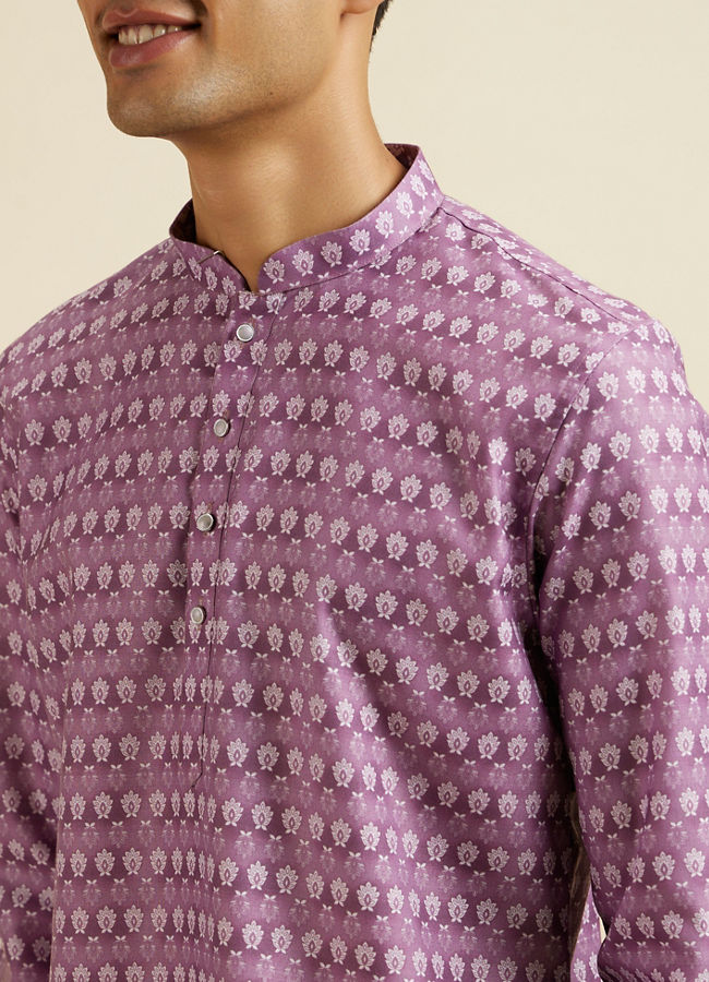 alt message - Manyavar Men Lilac Floral Buta Printed Short Kurta image number 1